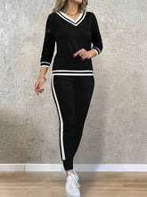 -Neck Long Sleeve Top & Elastic Waist Pocket Long Pants Set